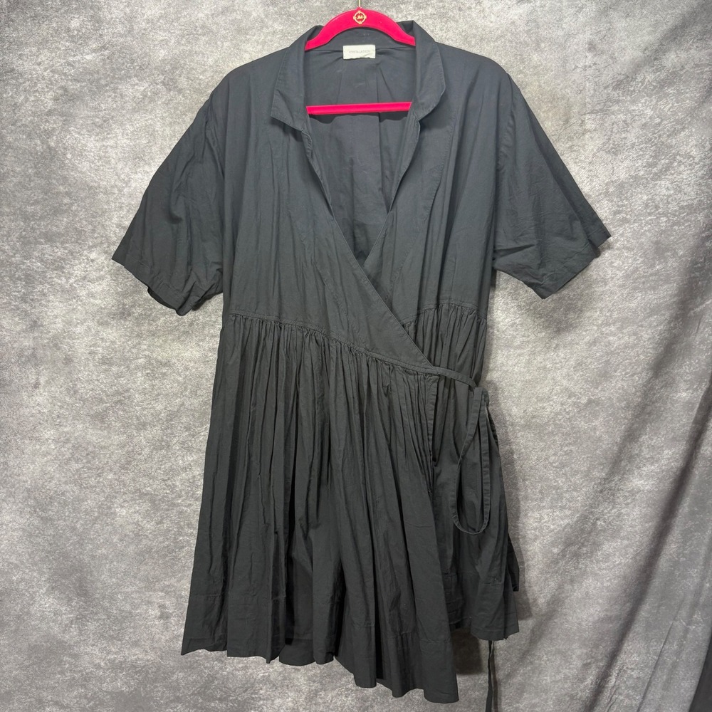 Krista Larson Black Mini Wrap Dress One Size Cotton Lagenlook Pleated Minimalist